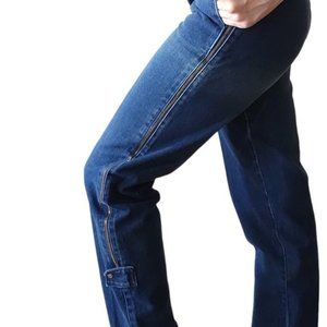 Vintage high rise blue jeans with zipper detail, straight leg